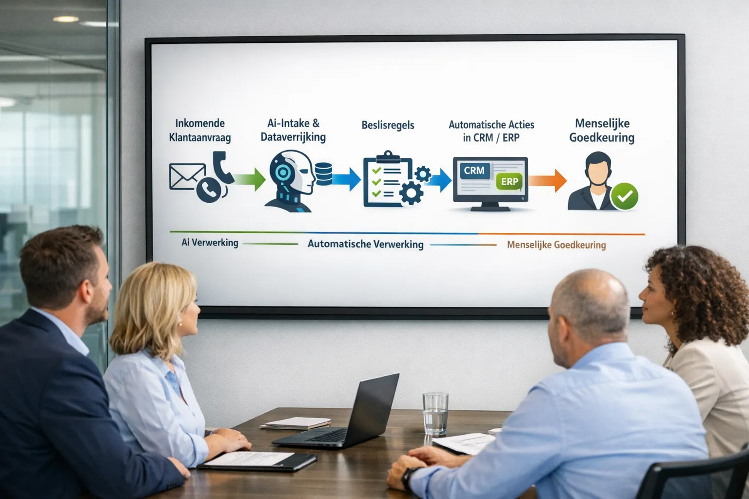 A B2B team in an office environment looks at a large screen with a visual workflow: incoming customer request, AI intake and data enrichment, decision rules, automatic actions in CRM/ERP, and a human approval. Arrows show how data flows in real time and where AI agents take work off people’s hands.