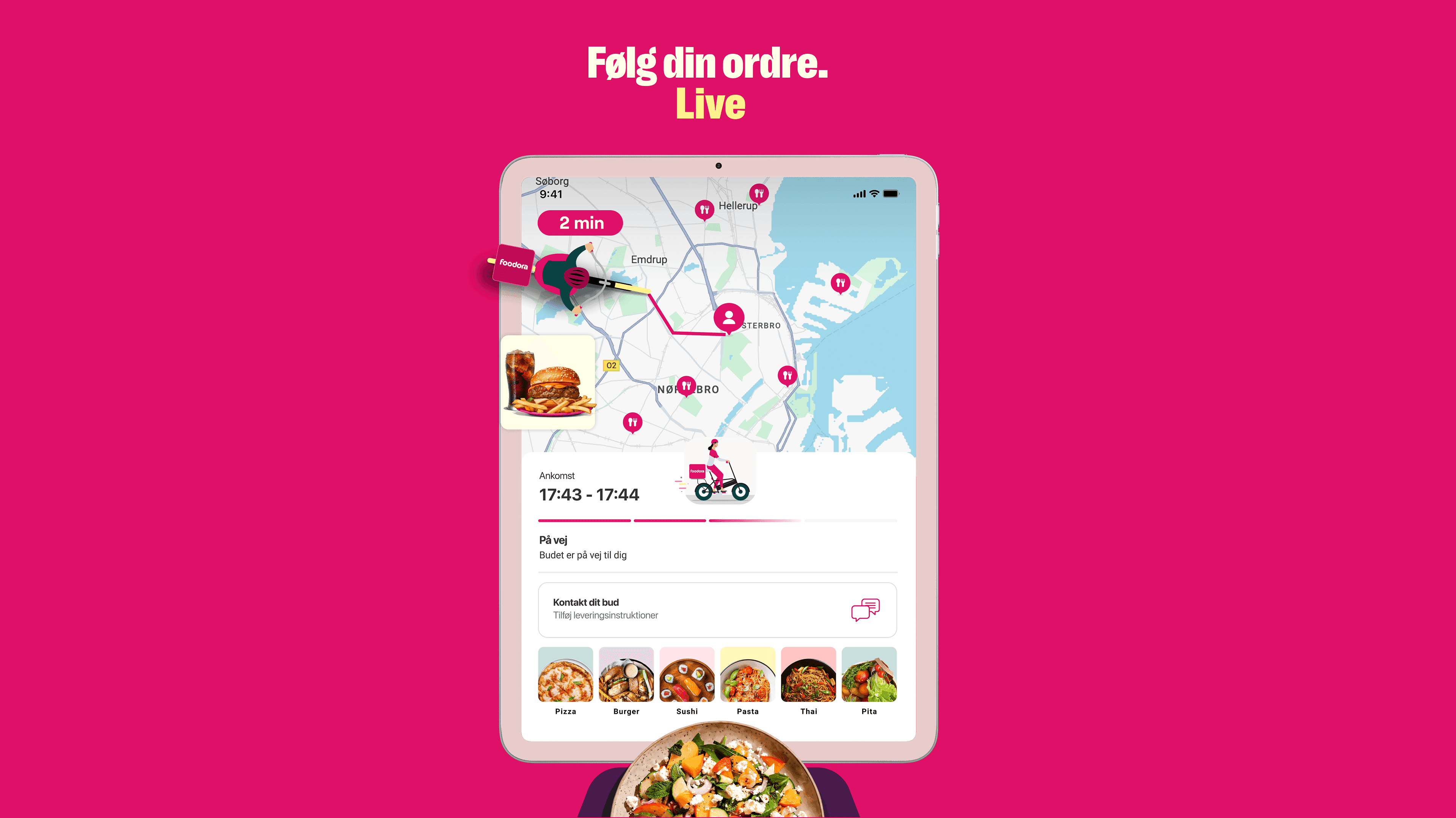 Tablet on magenta showing live foodora order tracking on a Copenhagen map, Danish headline above