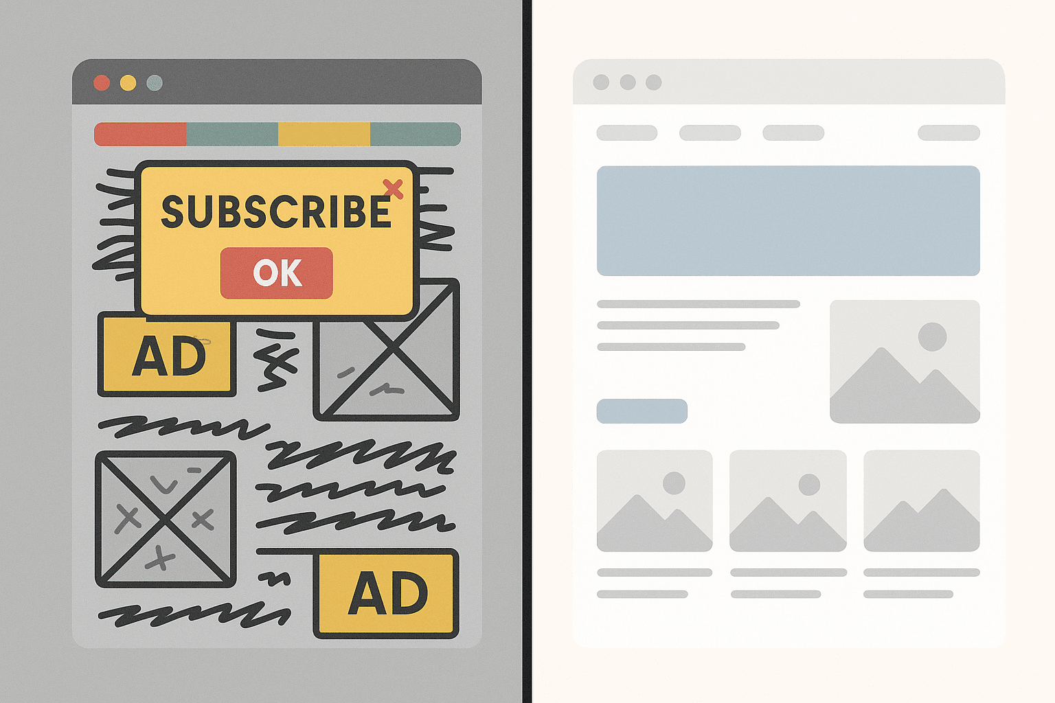 An old and intrusive website vs a clear and moder website