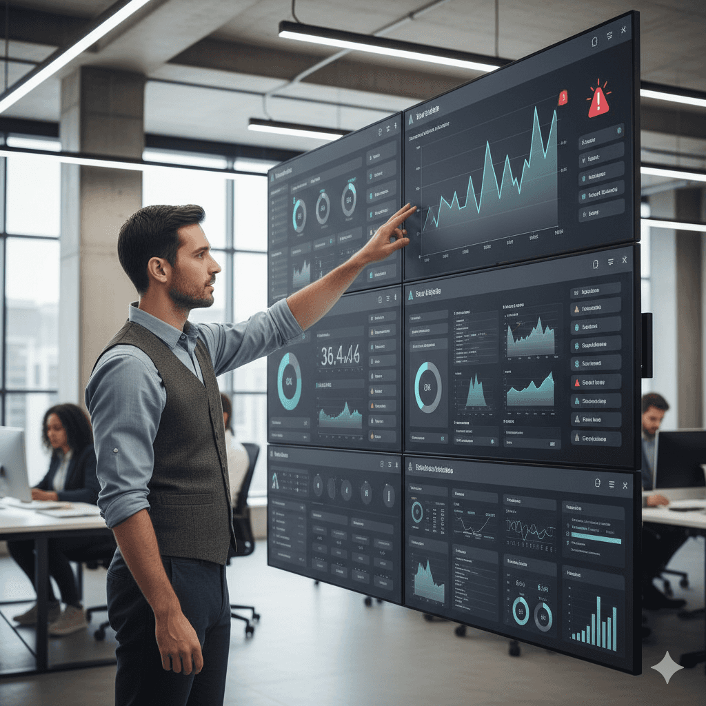 Team member in front of a large screen or monitor wall with key metrics and alert indicators, pointing at a chart that shows a spike or threshold being crossed.