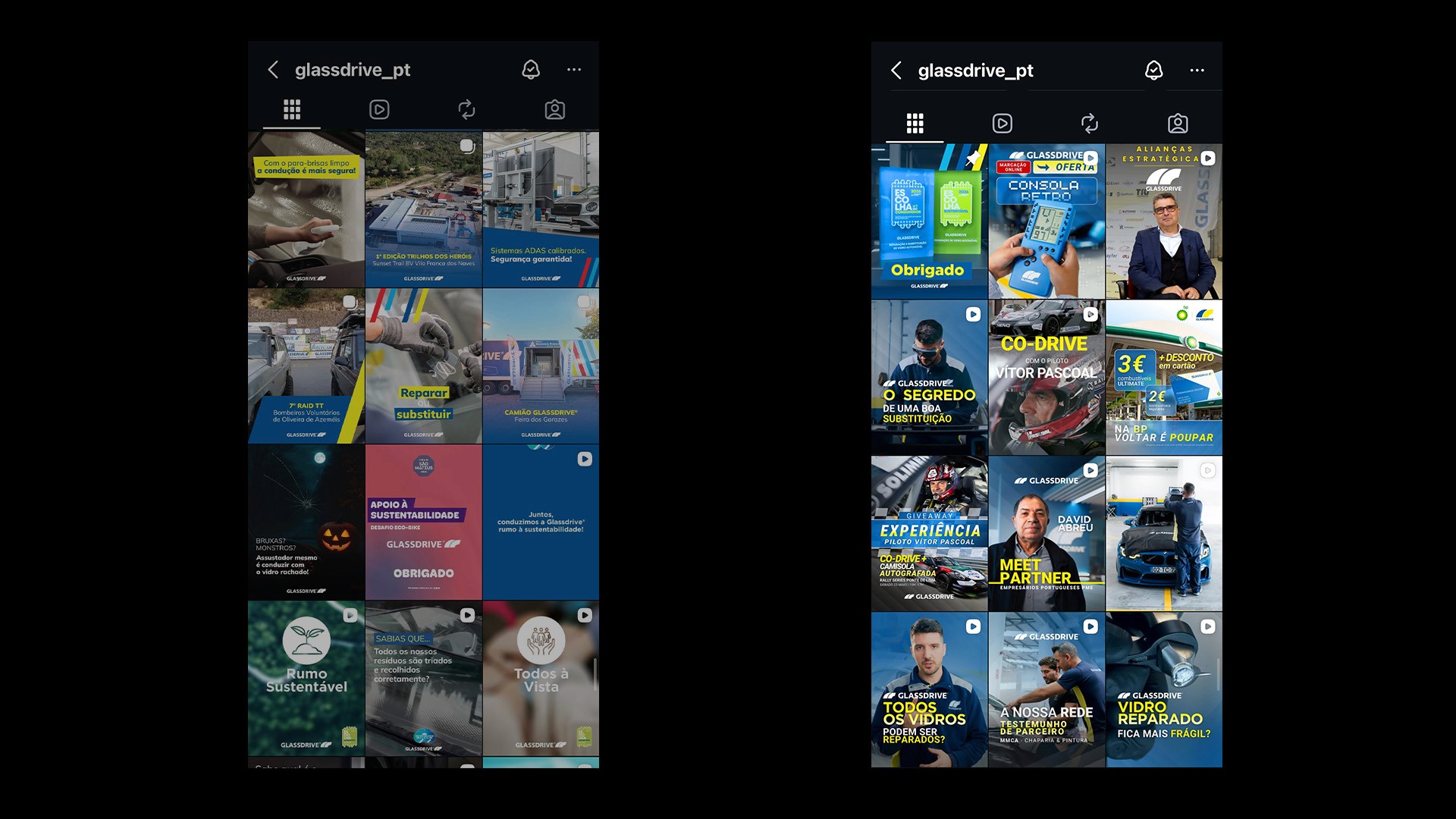 Two Glassdrive Instagram feed before and after layouts showing campaign and service content tiles