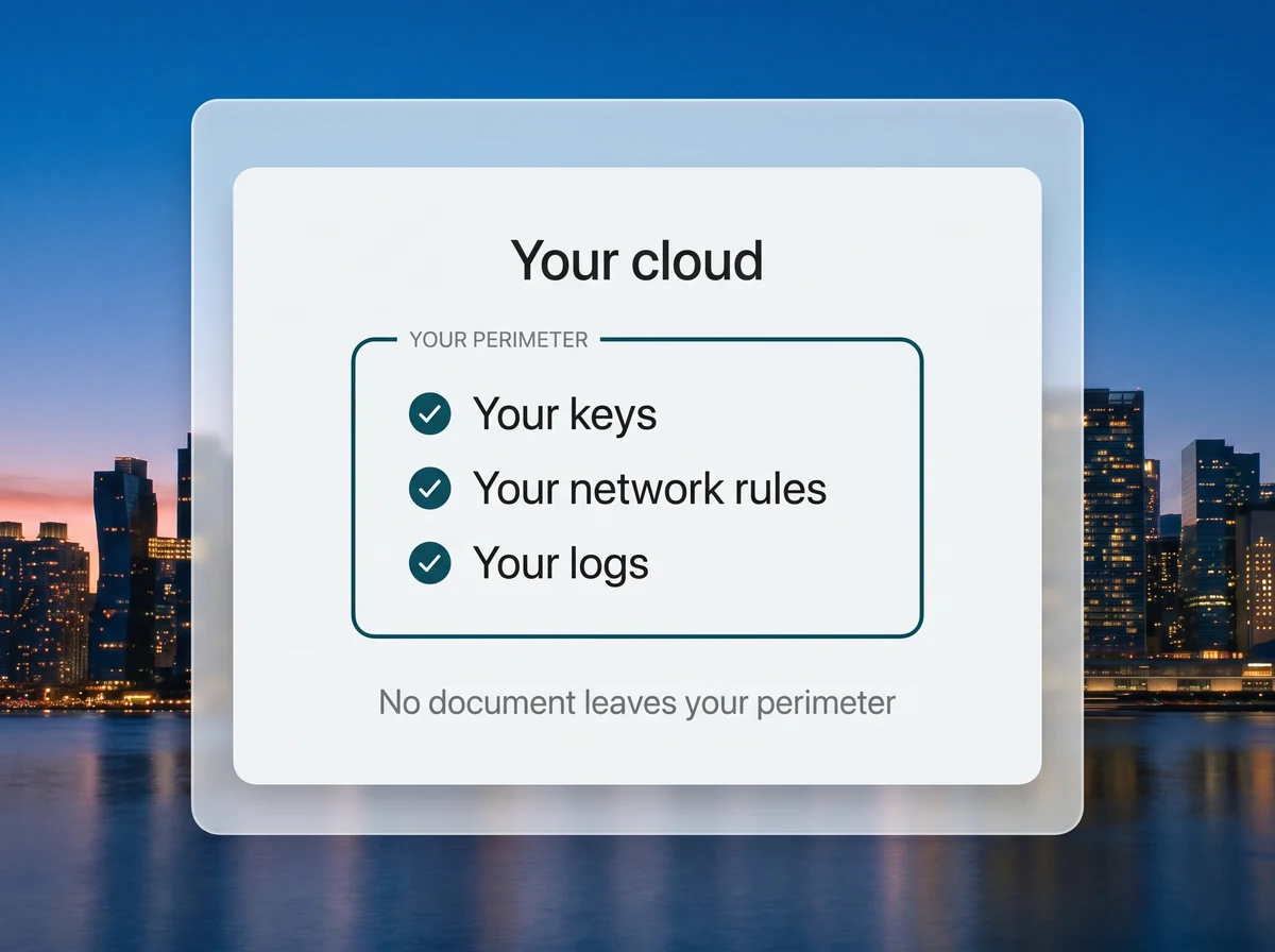 Needl.ai installed inside your own cloud account or servers, with your keys, network rules and logs, and no document leaving your perimeter