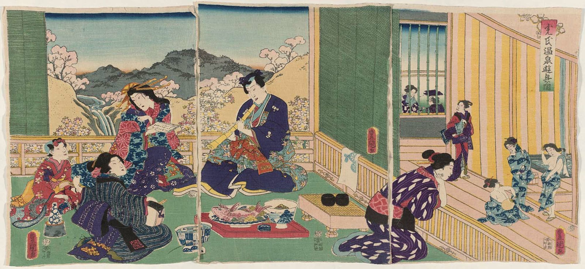 An ukiyo-e woodblock print of women at a bathhouse