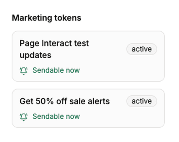 Marketing tokens panel listing a lead's active subscriptions, each marked Sendable now.