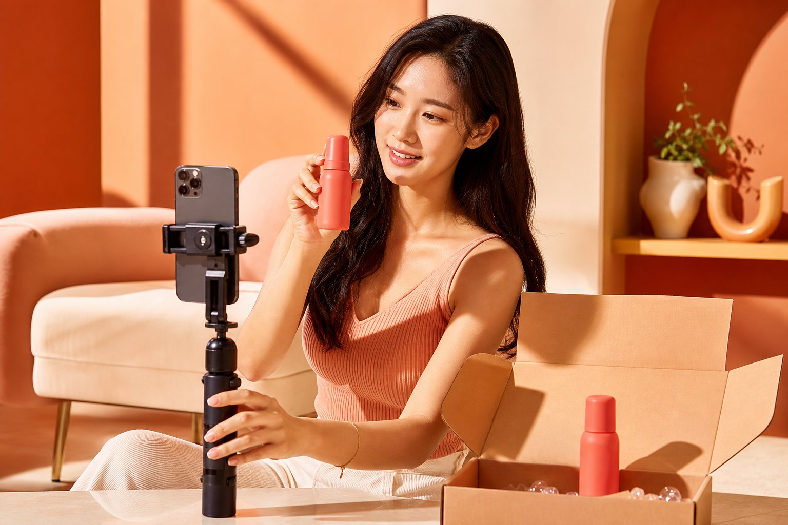 A woman examining products at a retail shelf