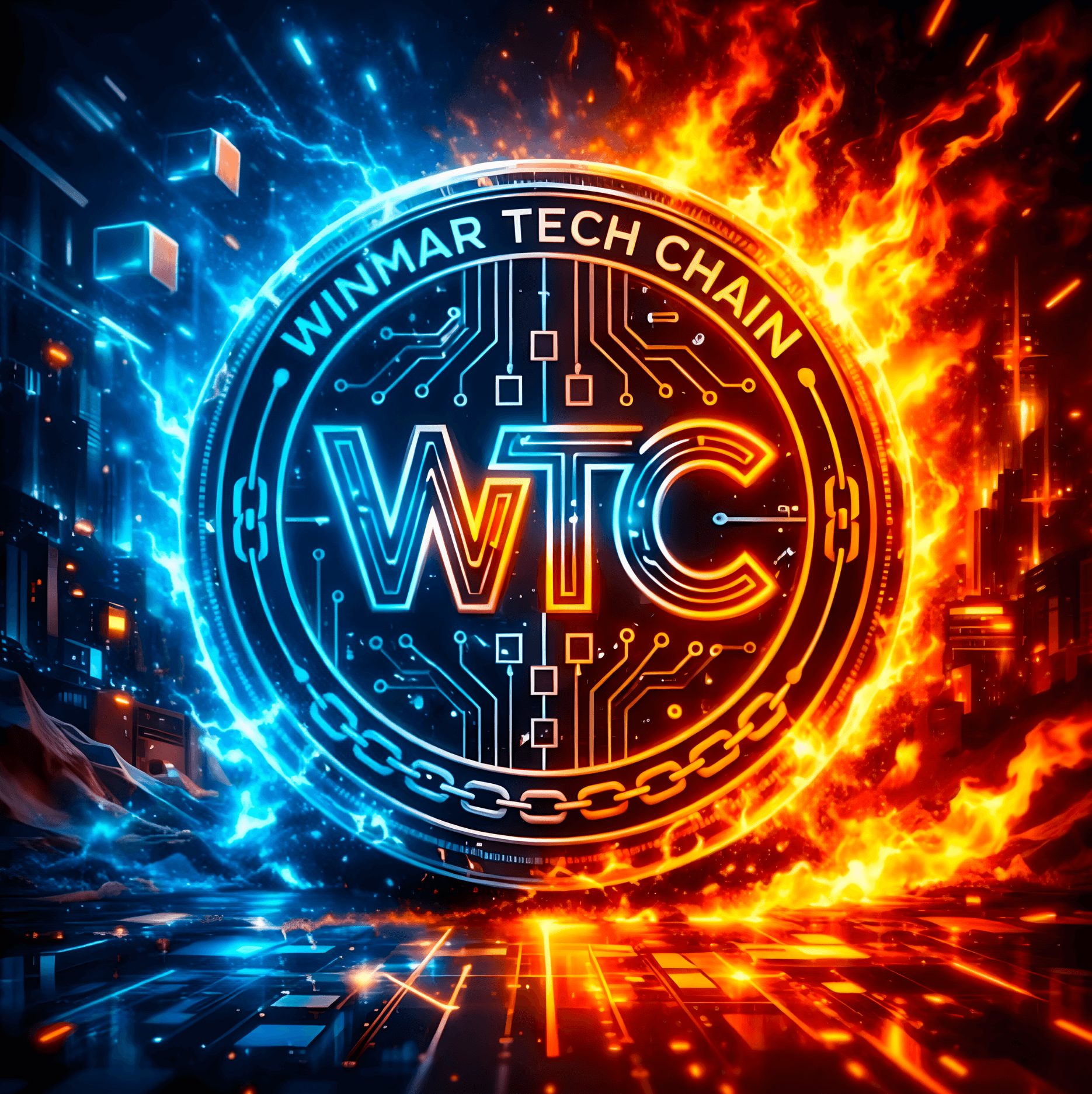 A digital coin labeled "Winmar Tech Chain" (WTC) with circuit patterns. Blue lightning on the left and fiery flames on the right create a dynamic, tech-inspired contrast.