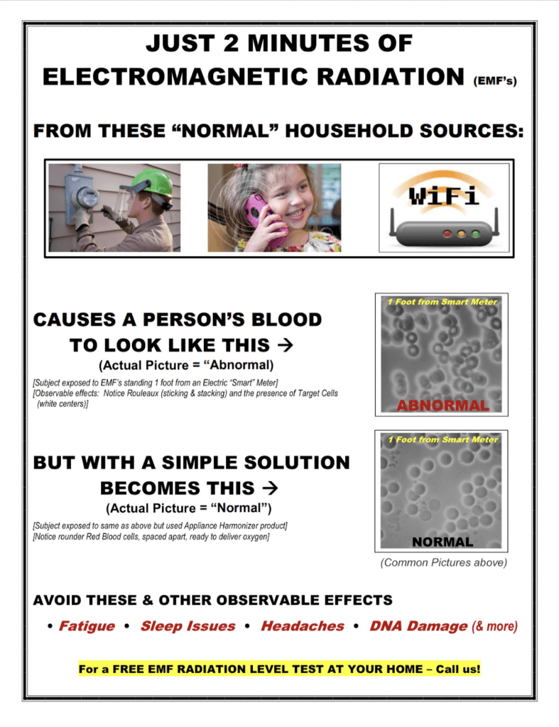 Infographic showing household EMF sources like Wi-Fi and baby monitors, and their effect on blood cell clumping, with a comparison after protection.