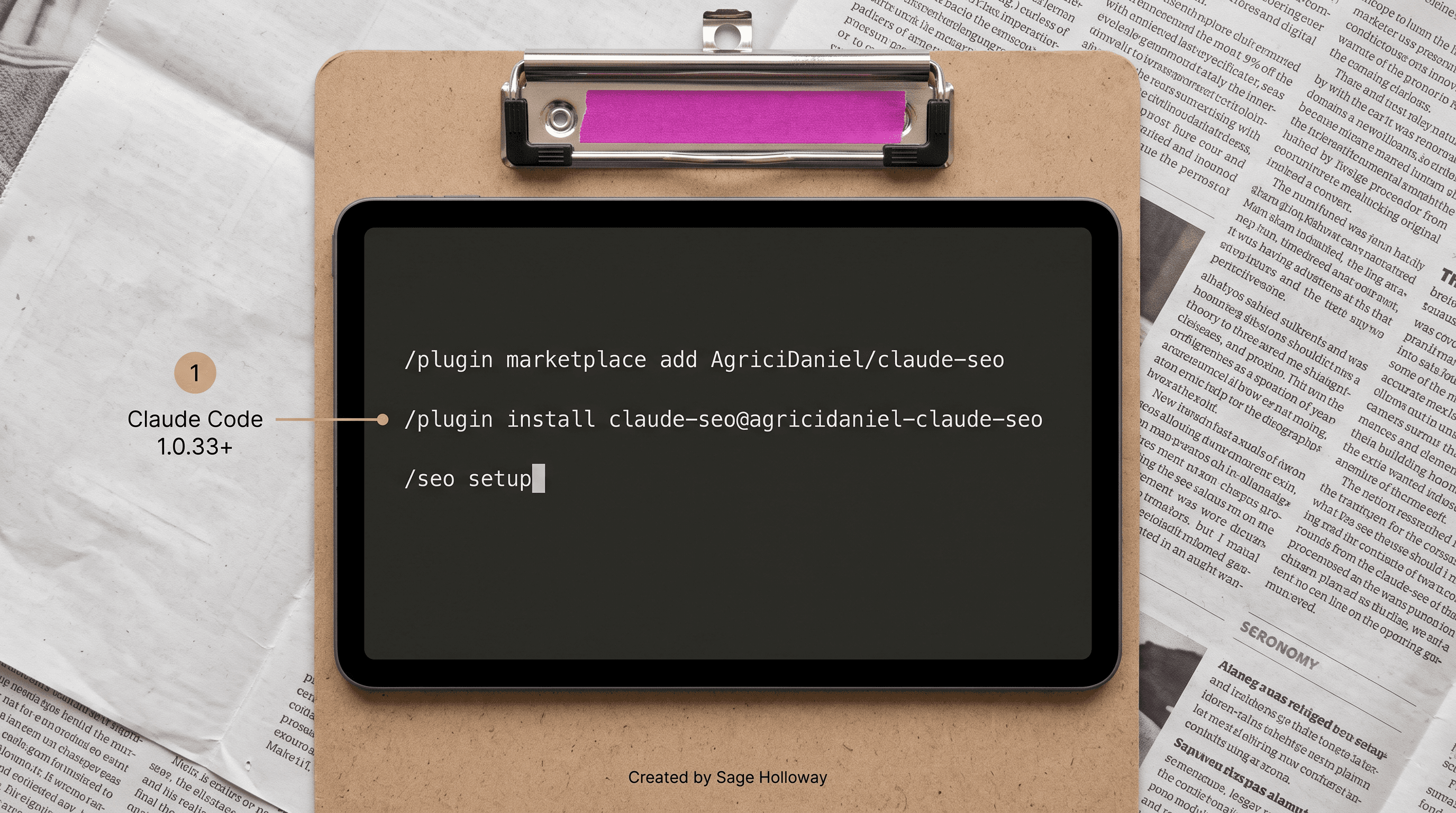 Claude Code terminal showing plugin marketplace add, plugin install, and /seo setup