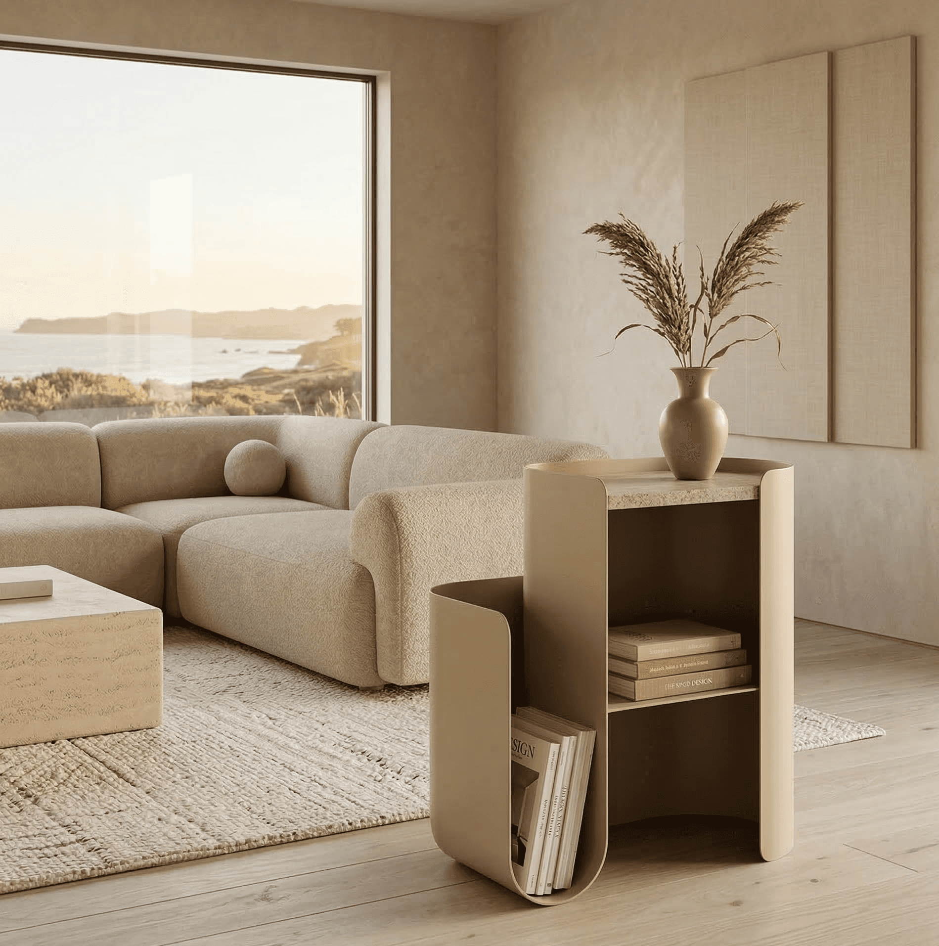 Minimalist entry hall with arched wooden door, warm plaster walls, dried botanicals, and soft natural light.