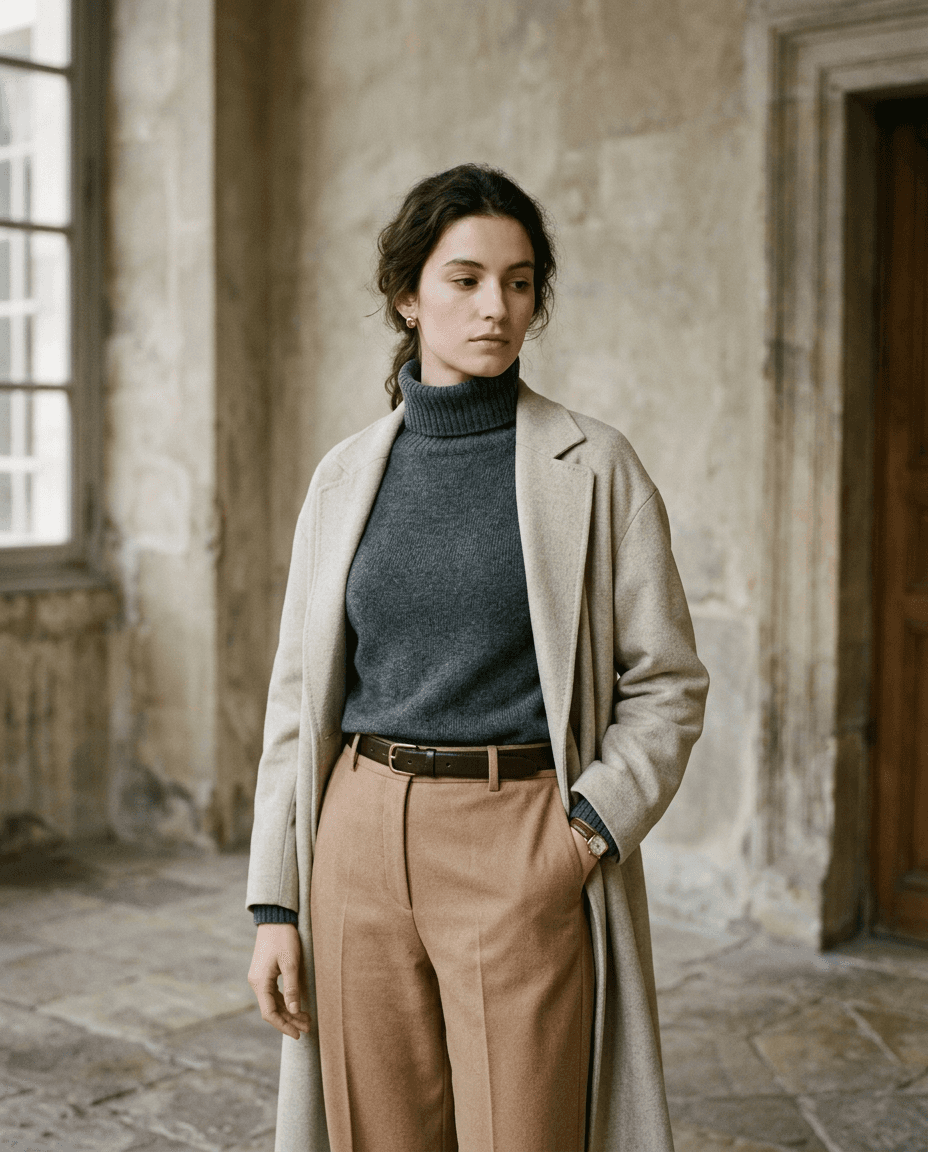 Ivory Cashmere Turtleneck — Charcoal — styled