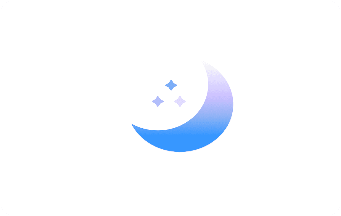 Minimal crescent moon icon with small stars on a white background.