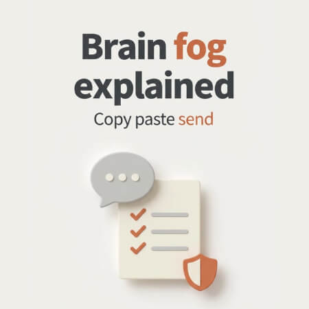 Brain fog explained AI prompt thumbnail showing chat bubble, checklist, and shield icon for menopause coaches to send a warm, non-medical client explanation with clinician safety line