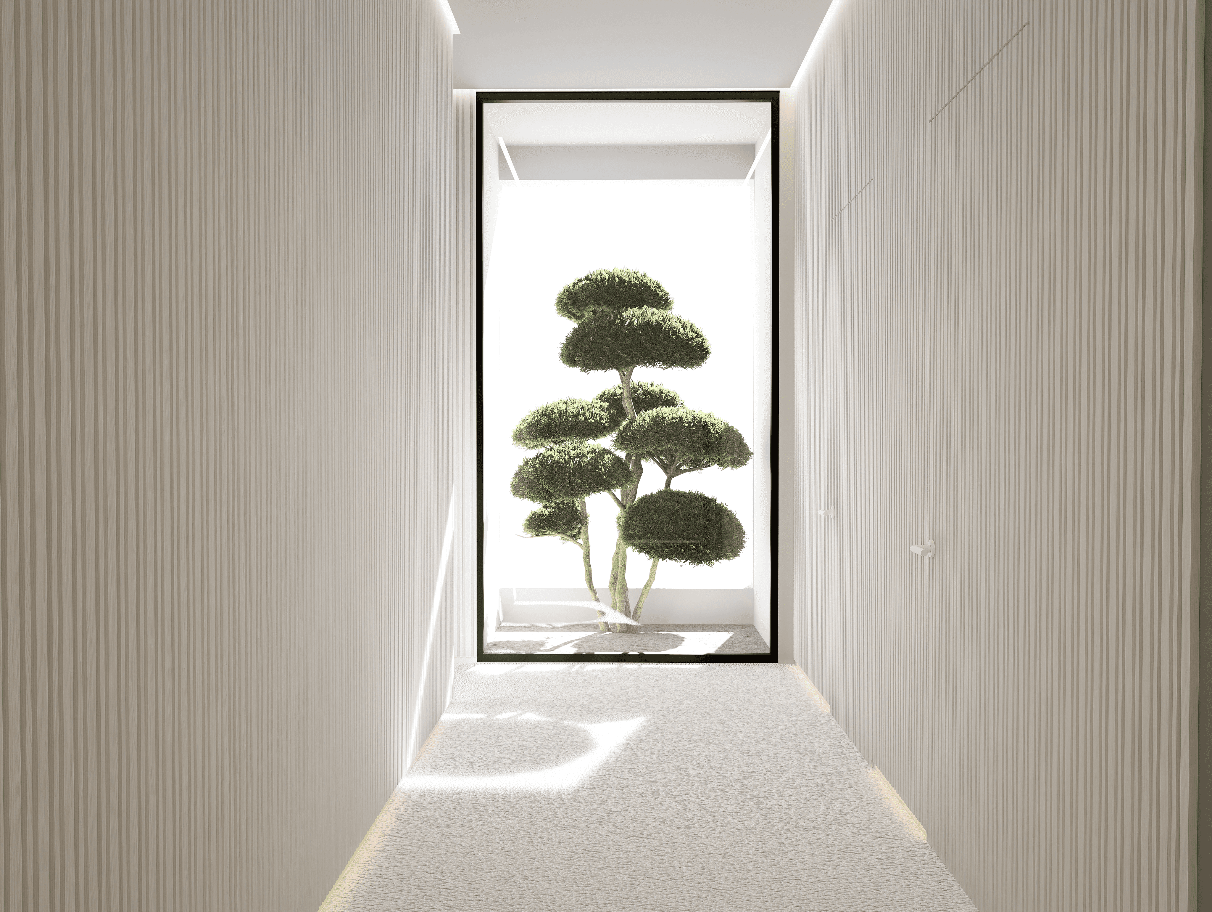 Architectural framing of a sculptural bonsai garden to promote a calm, home atmosphere,residence in Nicosia Cyprus