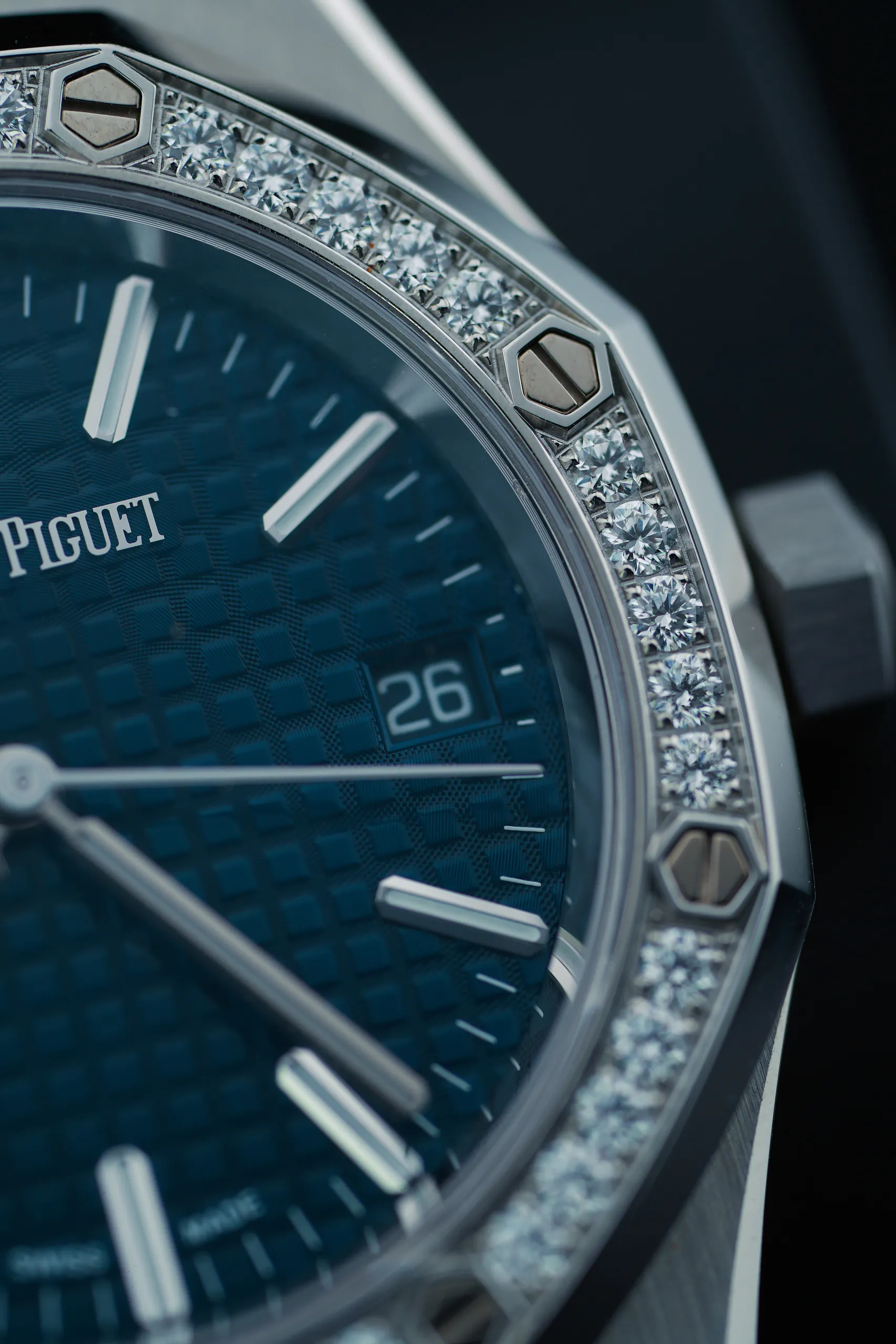 Close-up of the blue dial on the Audemars Piguet Royal Oak 37mm Diamond Bezel 15551ST
