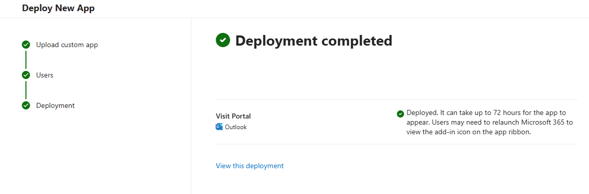 Deployment completed: de Visit Portal add-in is uitgerold in Outlook