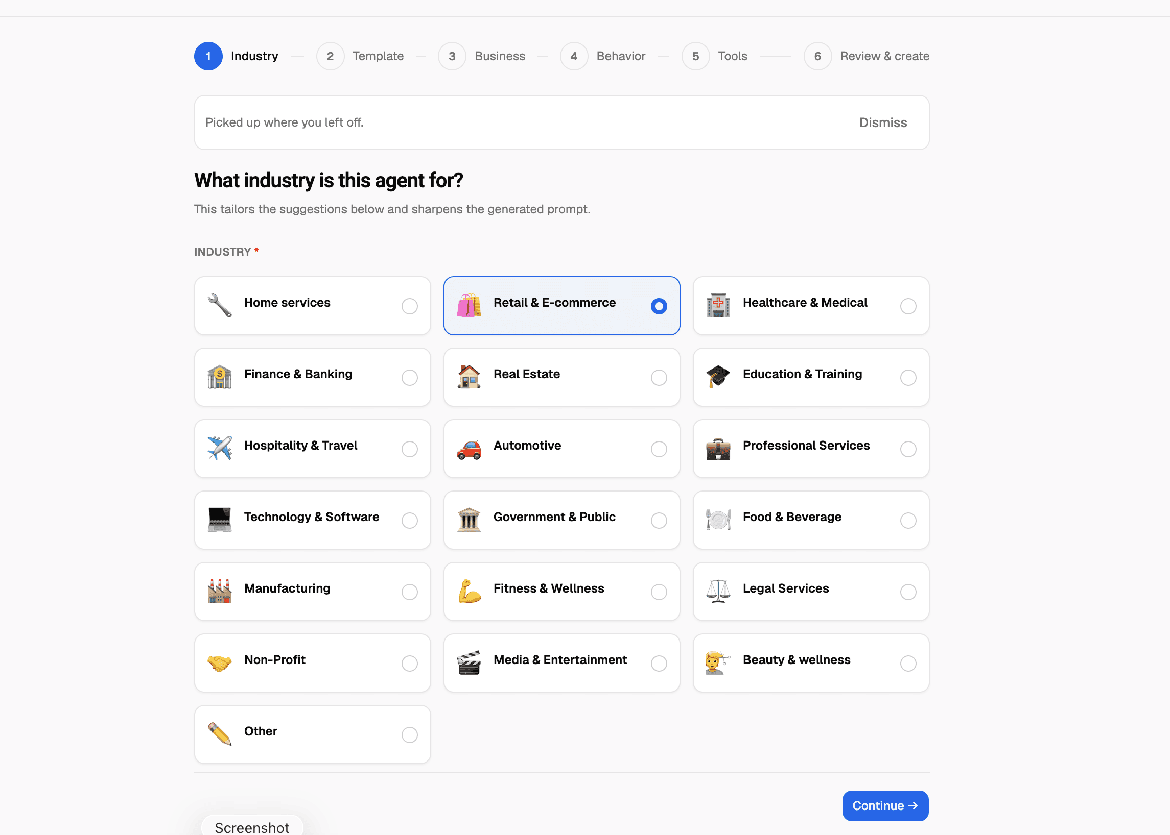 VoiceAIWrapper Agent Builder for a Vapi white-label setup, showing the Industry, Template, Business, Behavior, Tools, and Review and create stages