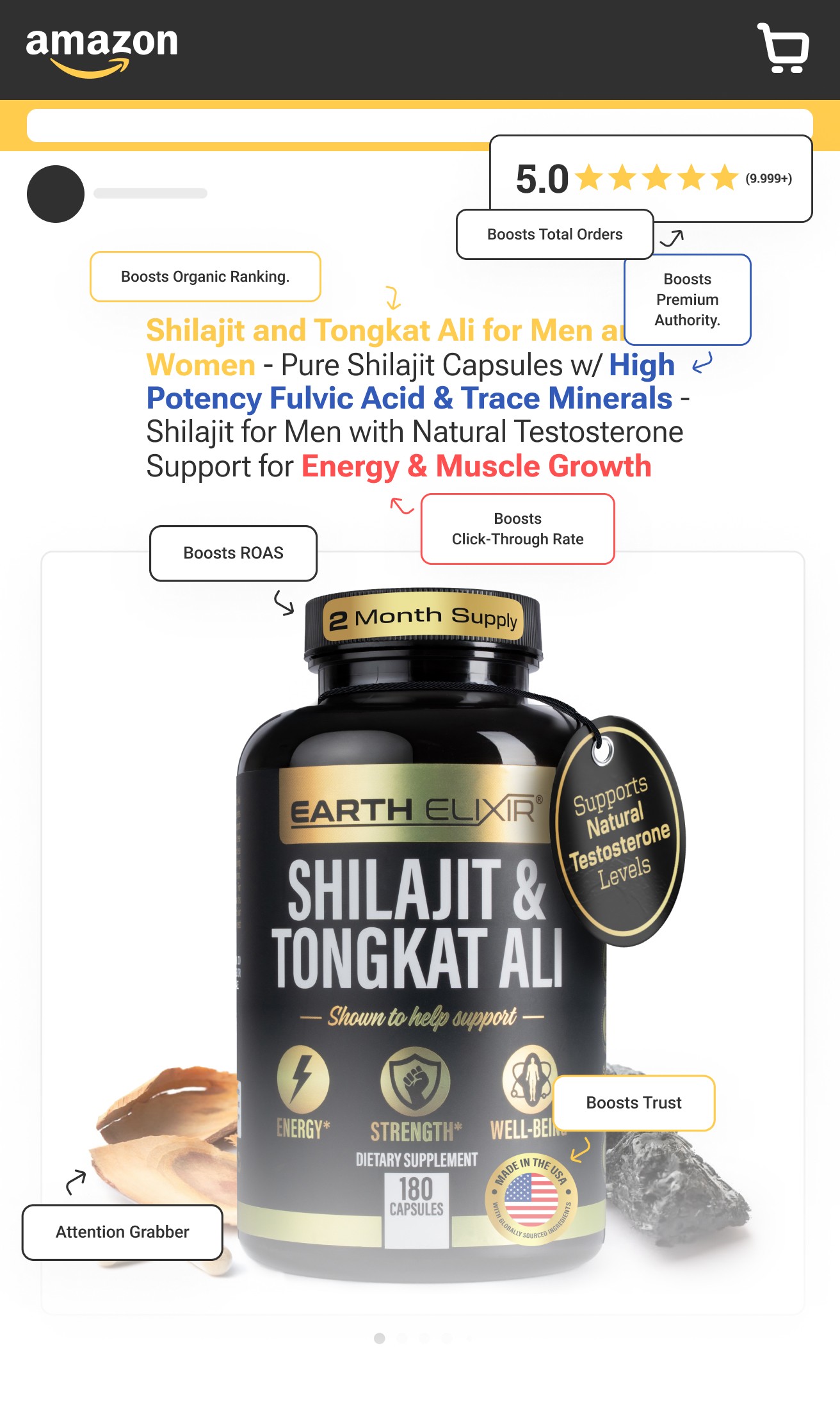 Amazon page mockup showcasing improvements Pinestel can do to any listing