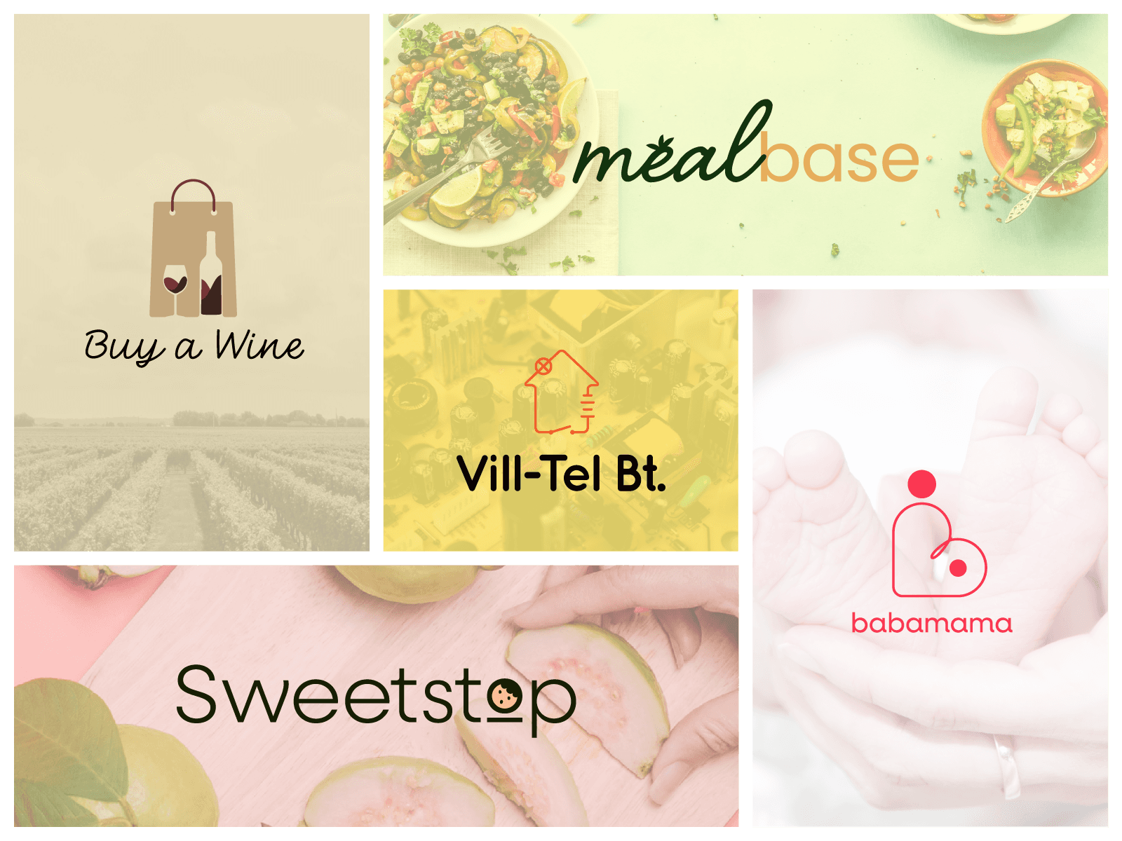 A montage of logos and their fiting background for implying the brand the logo was designed for, arranged in a grid