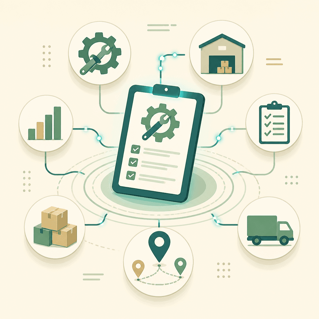 Infographic showing a centralized management system connecting inventory, logistics, maintenance tracking, and data analytics in a unified digital workflow.