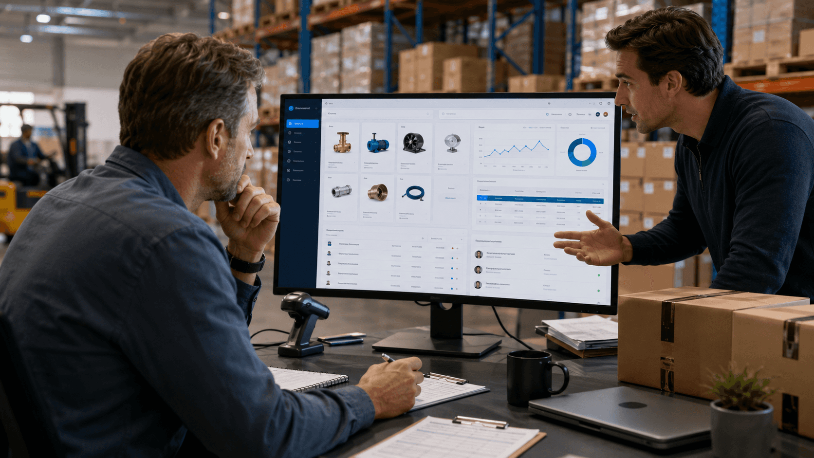Dois profissionais analisam uma demonstração de e-commerce B2B em um grande monitor dentro de um centro de distribuição. Um deles observa atentamente enquanto o outro apresenta recursos do portal, com catálogo de produtos, gráficos e informações operacionais na tela, cercados por caixas, prateleiras e equipamentos de logística.