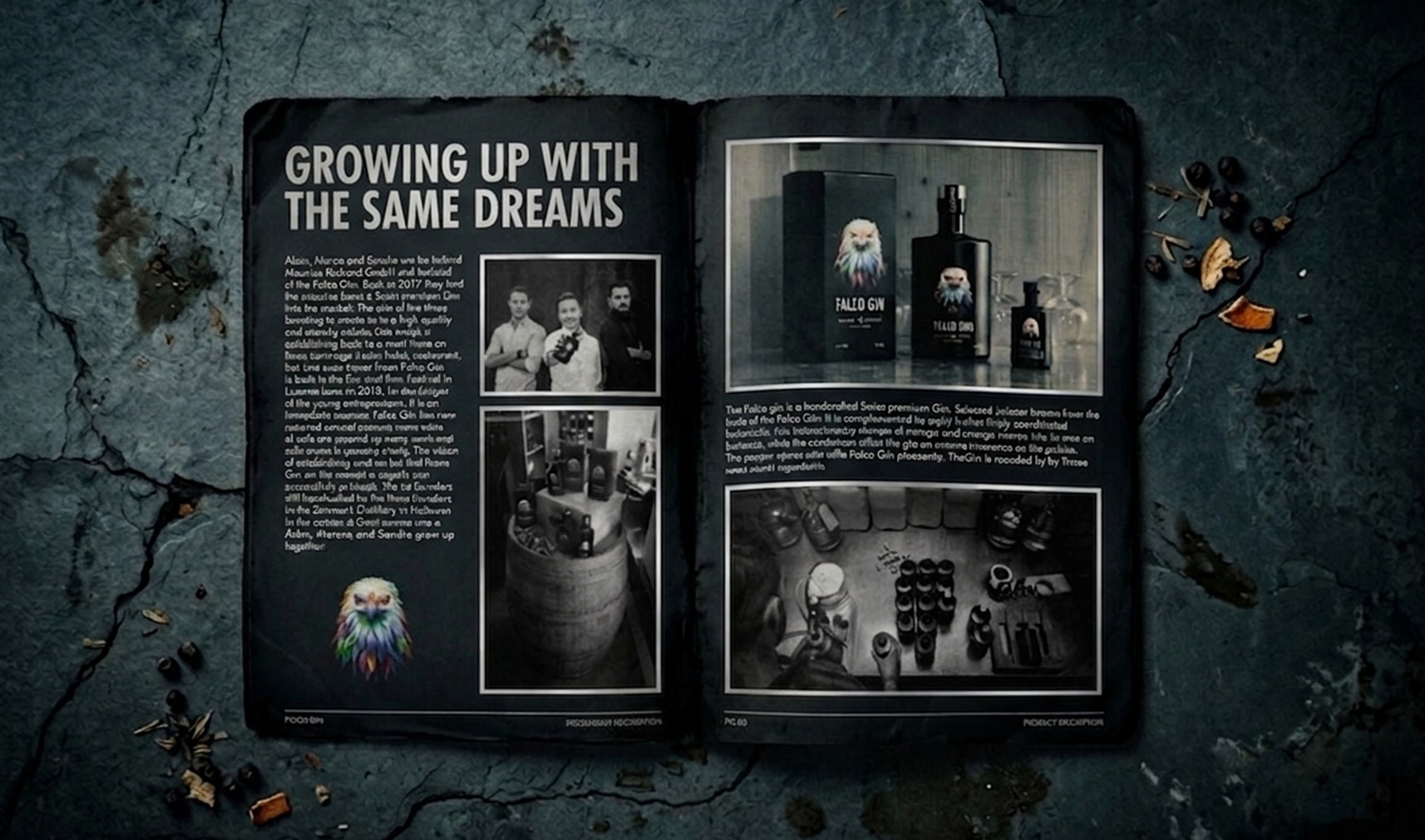 Falco Gin print design — editorial booklet spread premium spirit visual identity