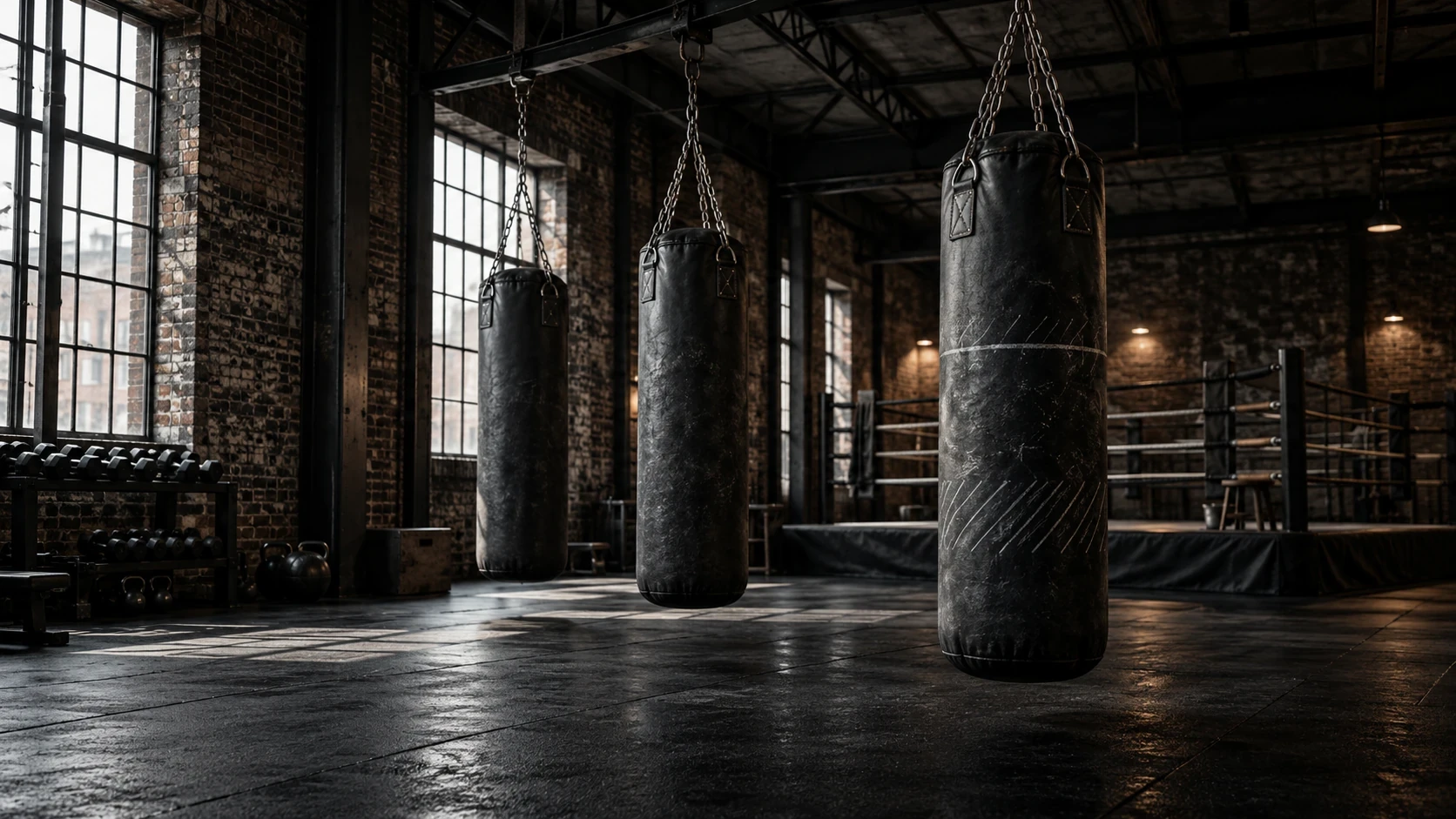 Heavy bags hanging in the Foundry fight room