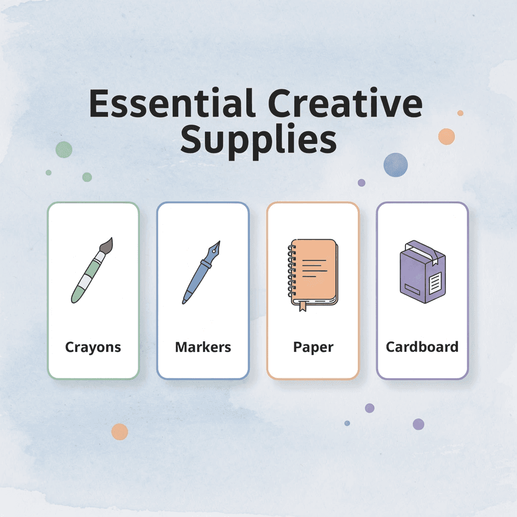 Infographic showing essential creative supplies for kids