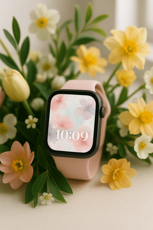 the pastel bloom 06 apple watch face against a background of spring flowers