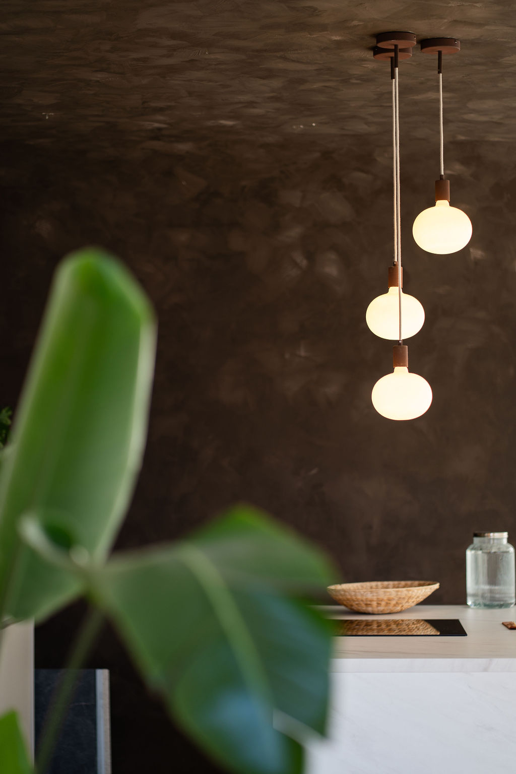 ronde warme lampen met een groene plant voor een bruine muur