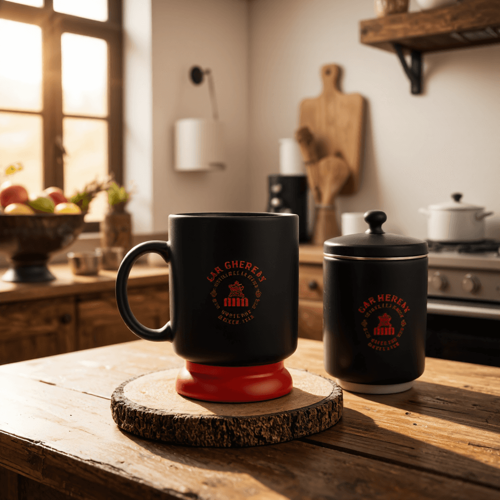 product photography of a set of themed merchandise including a mug, a coaster, and a container, designed for fans of a specific series.
