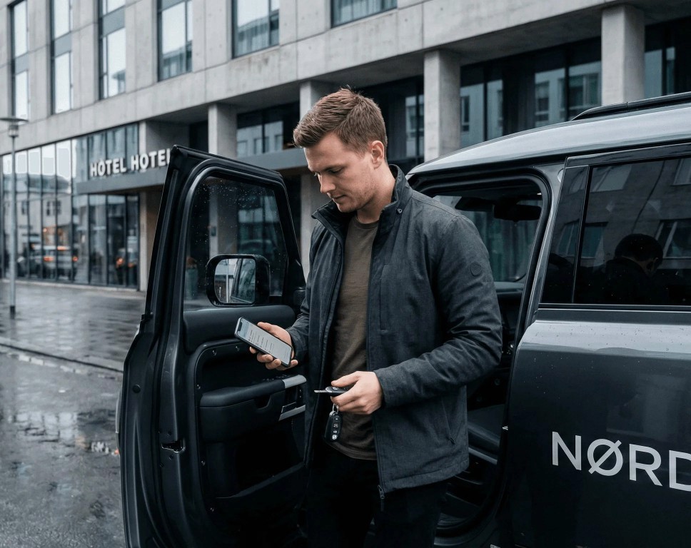 Man looking at a phone while standing next to a car door.