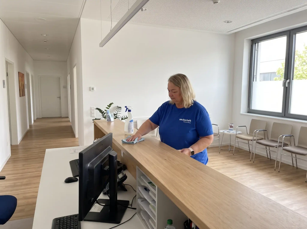Reinigungskraft bei der professionellen Büroreinigung mit Staubsauger