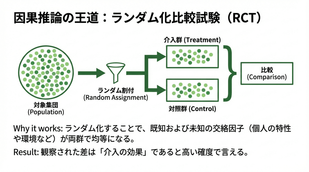 ランダム化比較試験（RCT）の仕組みを示す図解。