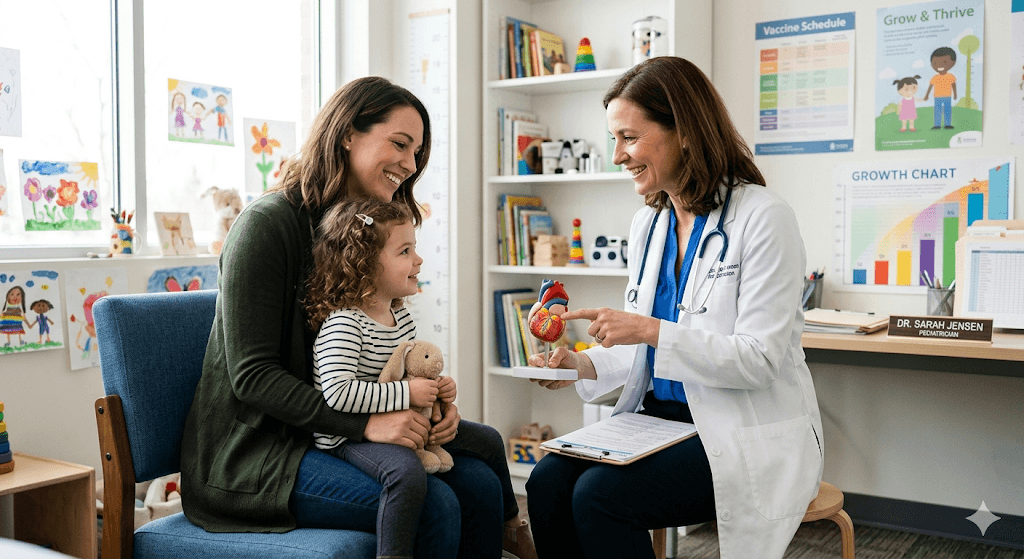 A warm and reassuring photo of a parent and a young child sitting in a bright, welcoming pediatrician's office. The doctor is smiling and explaining something using a small anatomical model or a chart. Focus on trust, partnership, and professional guidance.
