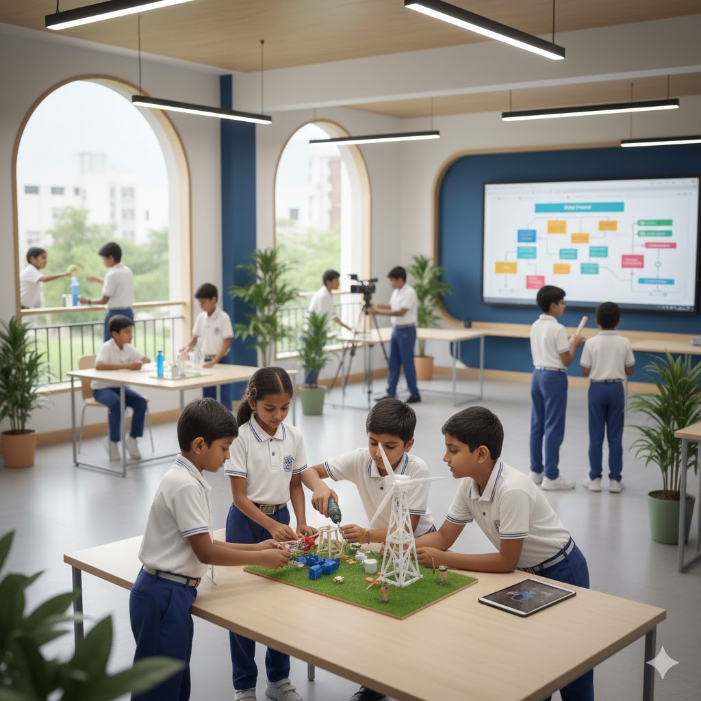 A school building stands against the backdrop of a clear sky