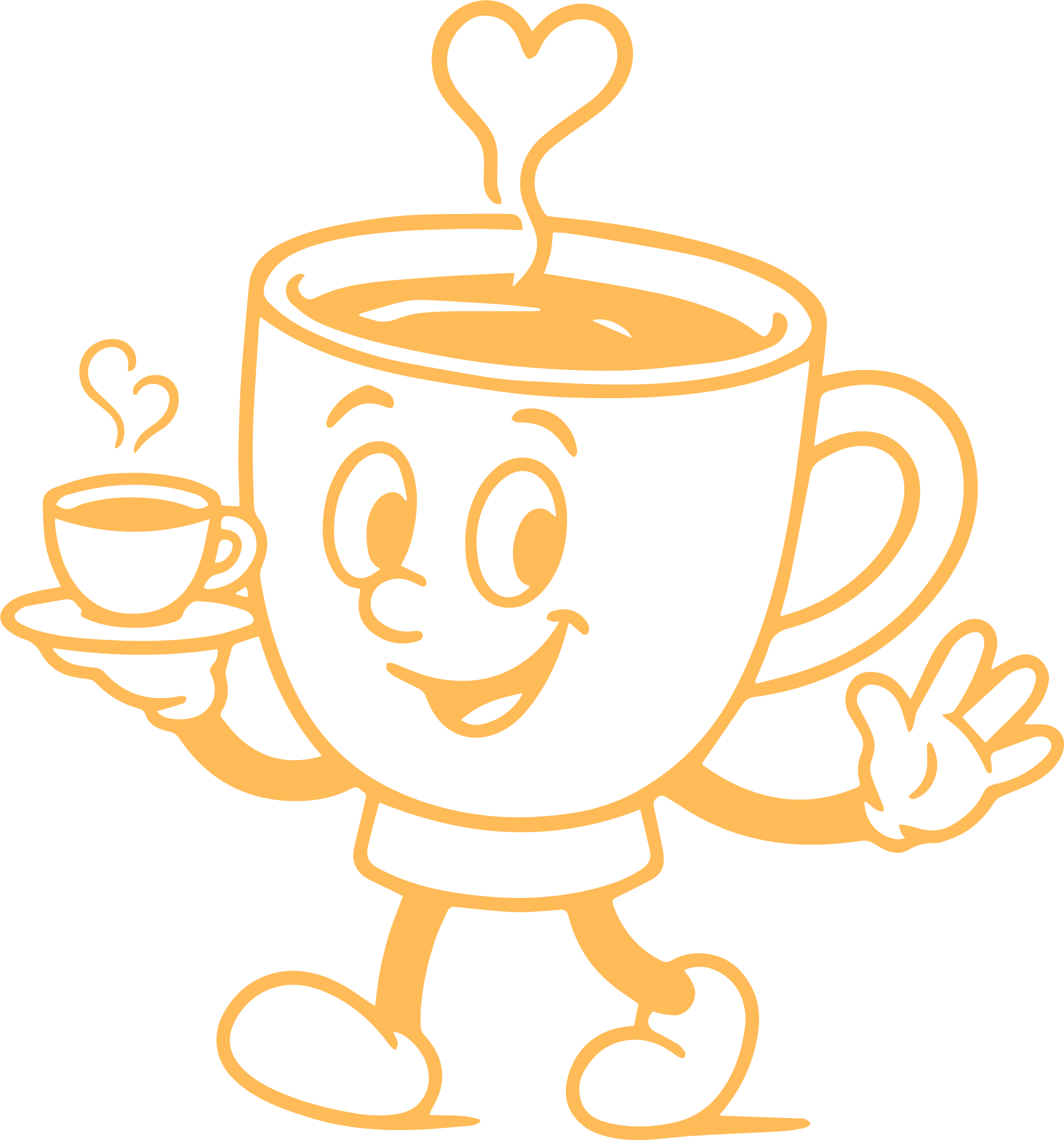 A cheerful cartoon cup with a smiling face and waving hand, holding a smaller cup on a saucer, both emanating heart-shaped steam, representing the joy of coffee.