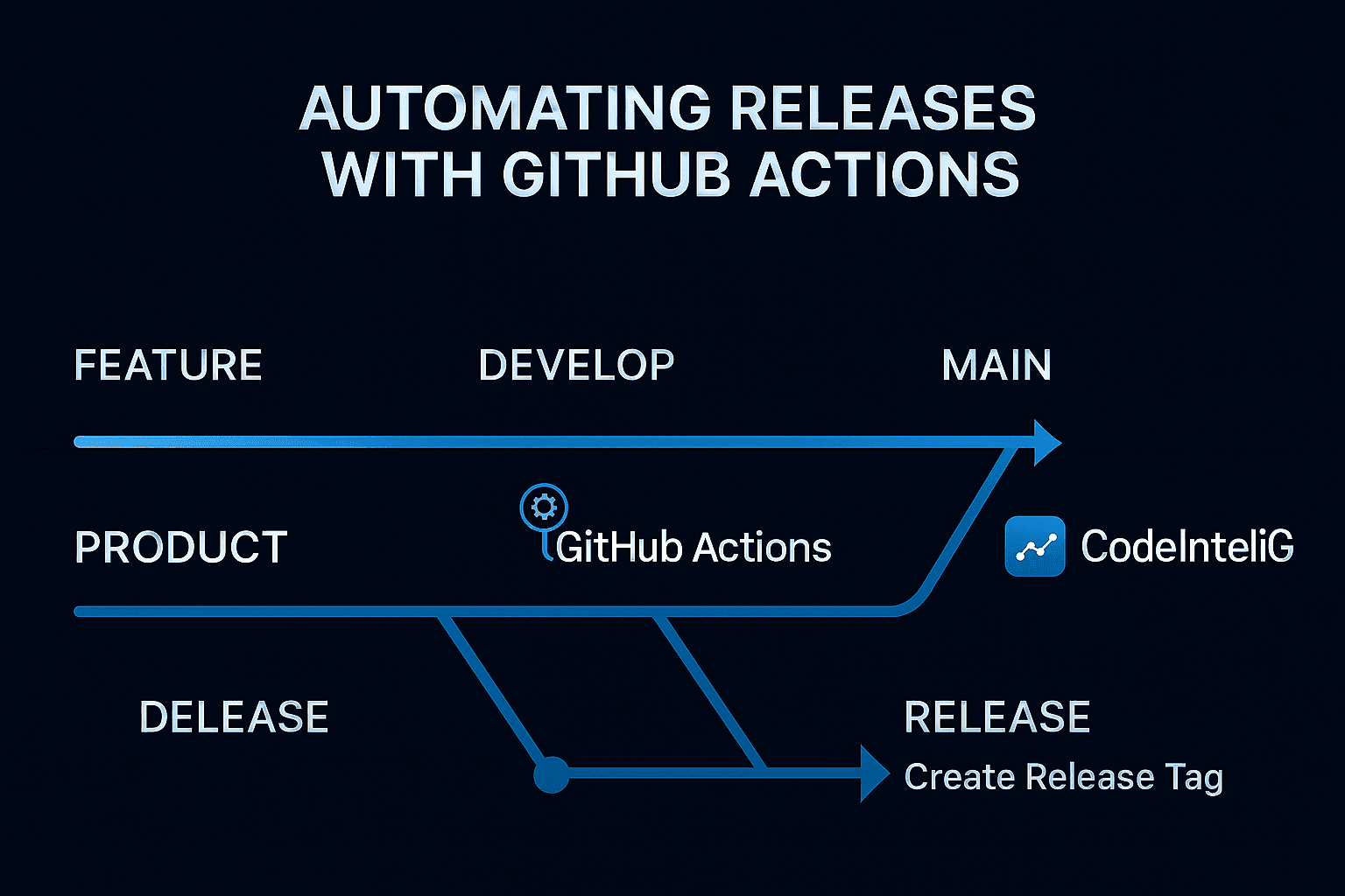Dark-themed 700x400 diagram showing GitHub Actions automating releases across Feature, Develop, and Main branches with CodeInteliG analytics.