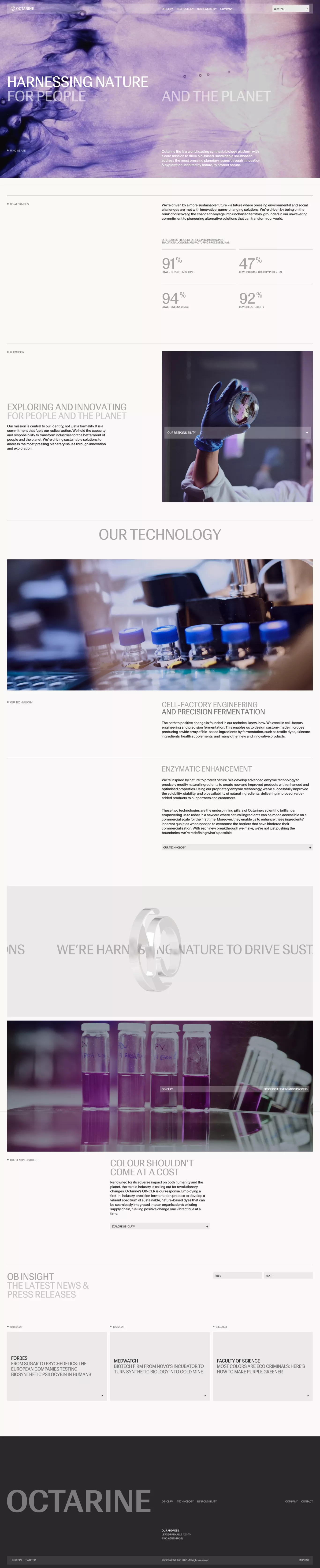 Octarine Bio landing page screenshot showcasing Tech and Nature design