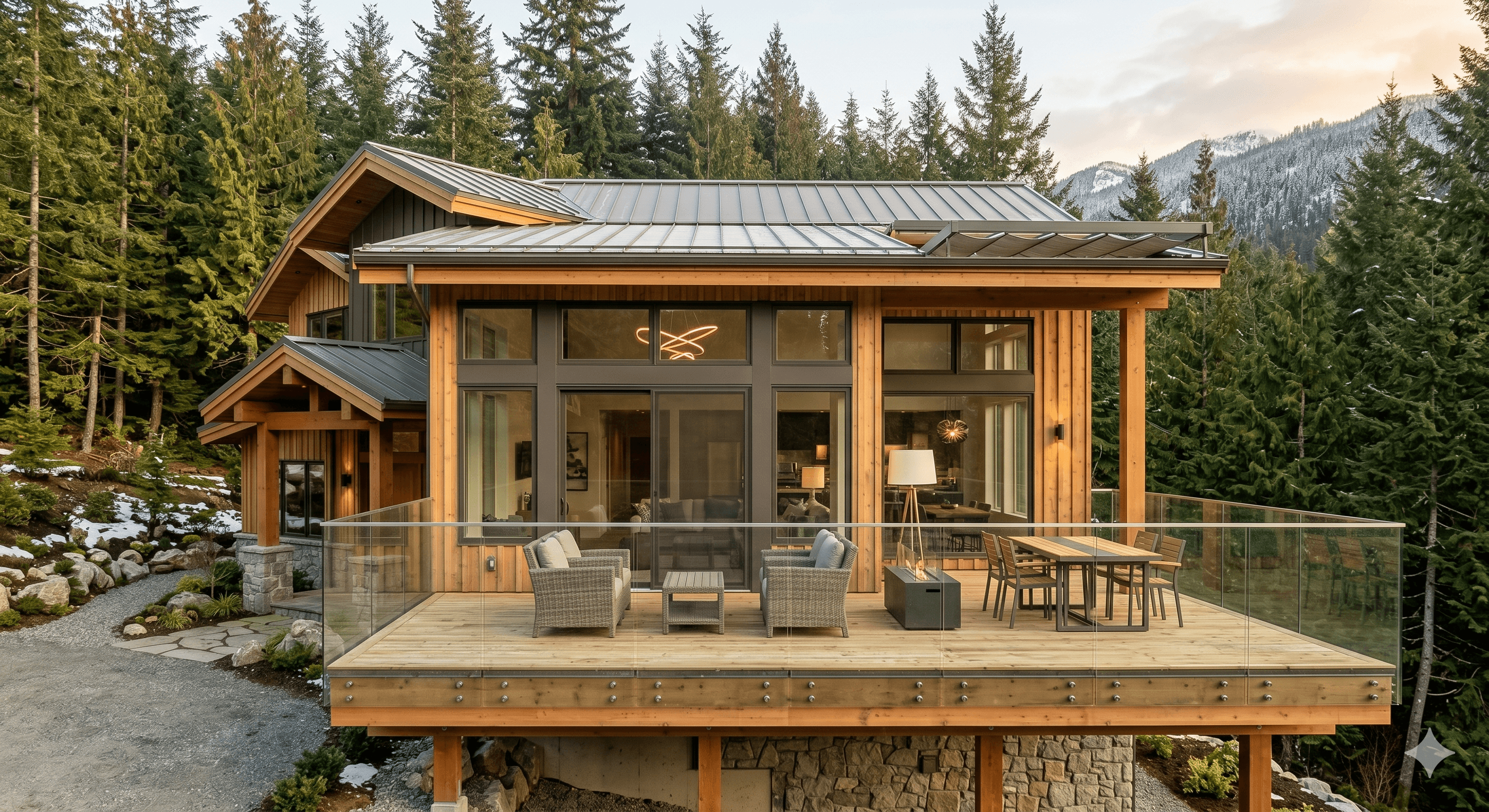 Contemporary Whistler mountain home featuring frameless glass railings by Tenmar.