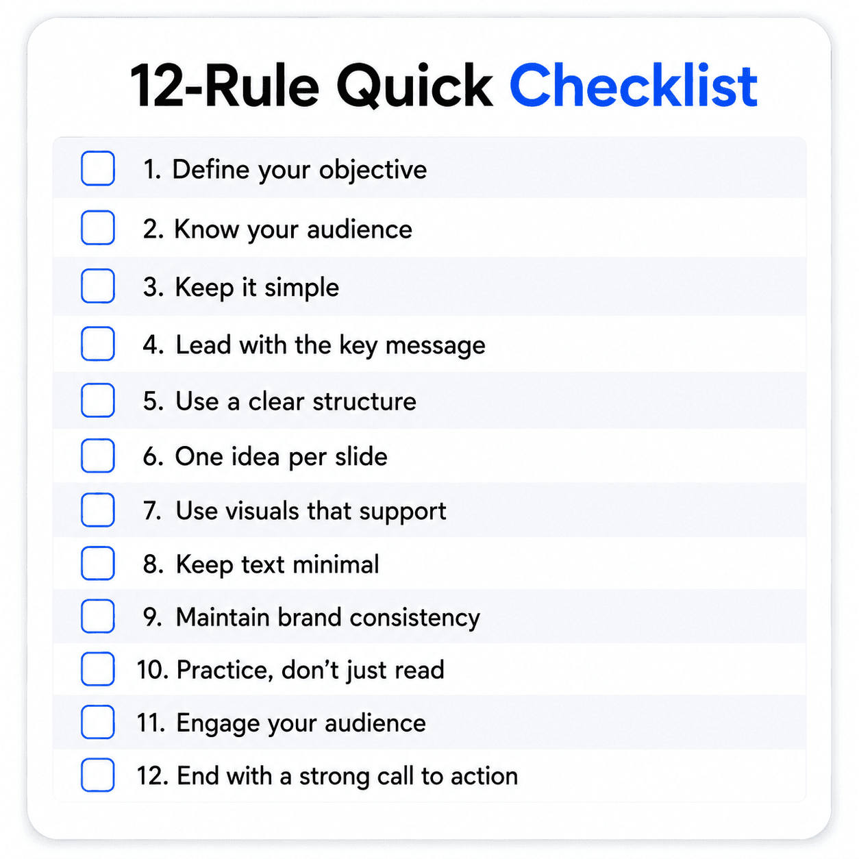 12-rule checklist for creating effective LinkedIn carousel posts, covering audience, messaging, slide structure, branding, visual design, engagement, and call-to-action best practices.