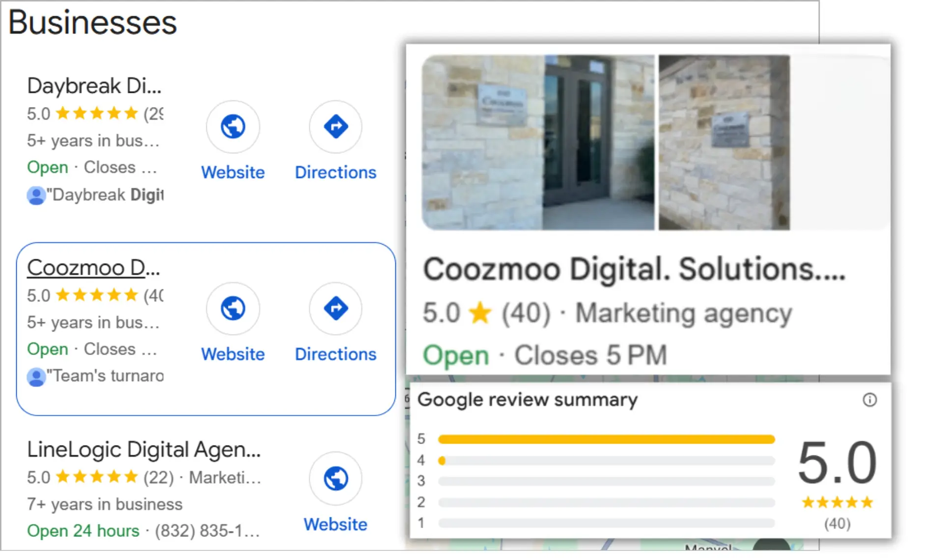 Google local search results featuring a business profile, map location, and a review summary