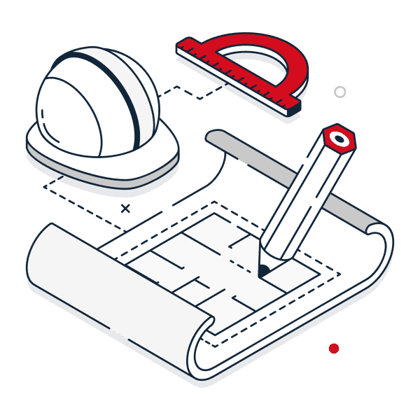 Icon showing bespoke engineering design with tools and drawings