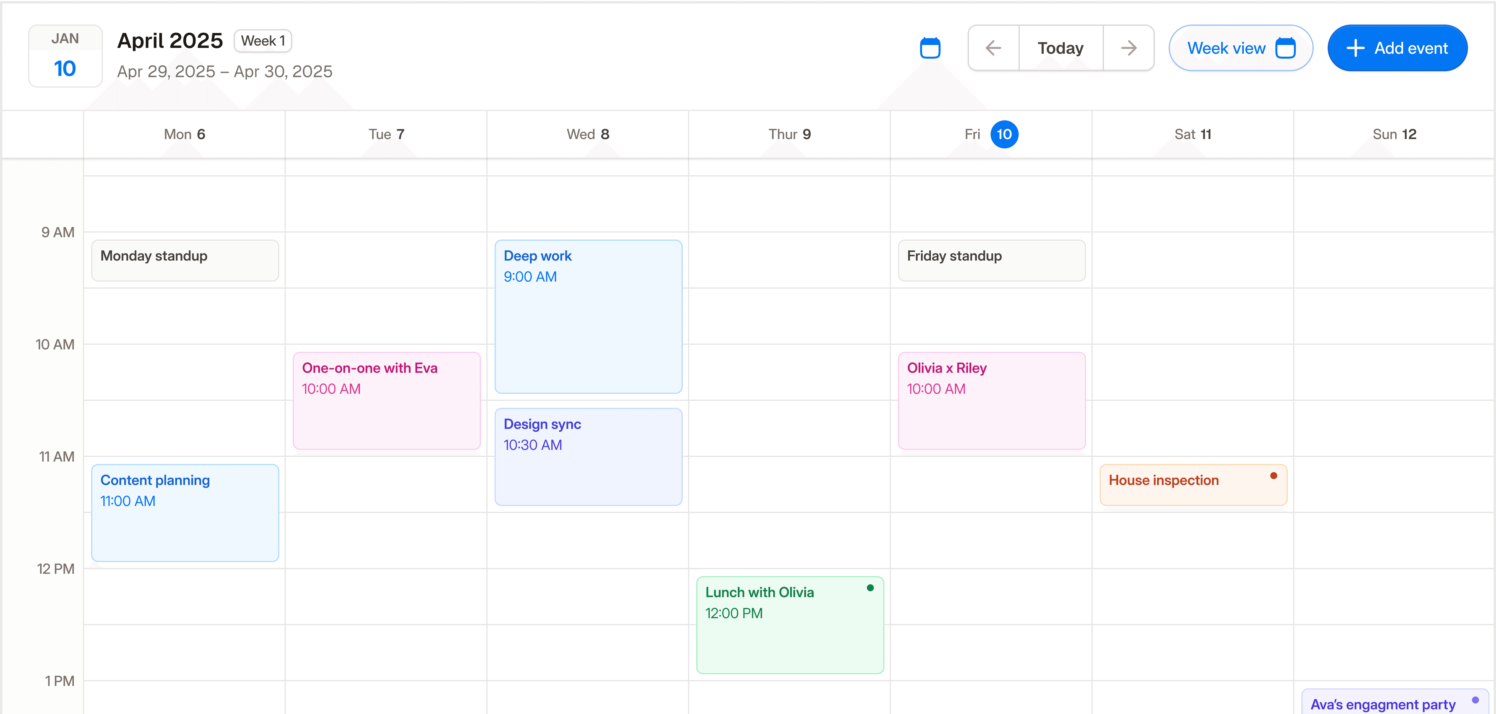 A digital calendar displaying events in different colors for a specific week.