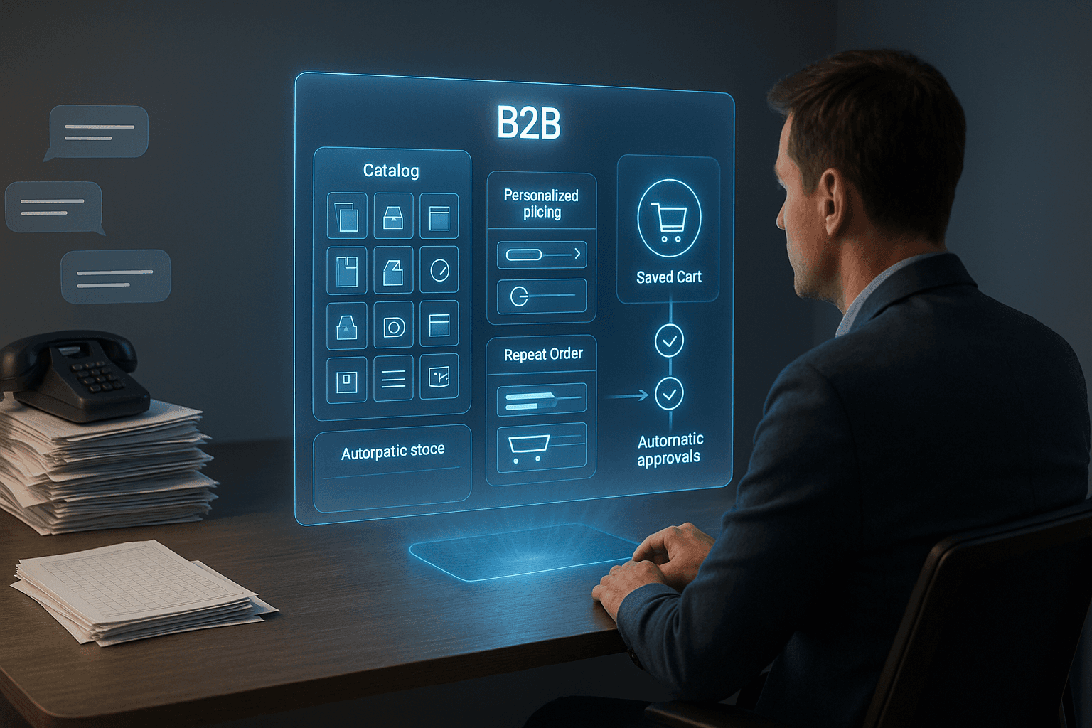 Comprador B2B sentado em uma mesa moderna interagindo com uma tela holográfica 3D de um portal B2B, com catálogo organizado, preços personalizados, carrinho salvo, indicadores de estoque e aprovações automáticas, enquanto ao lado aparecem telefone, papéis e planilhas representando o processo manual antigo, em um ambiente corporativo moderno com iluminação suave.
