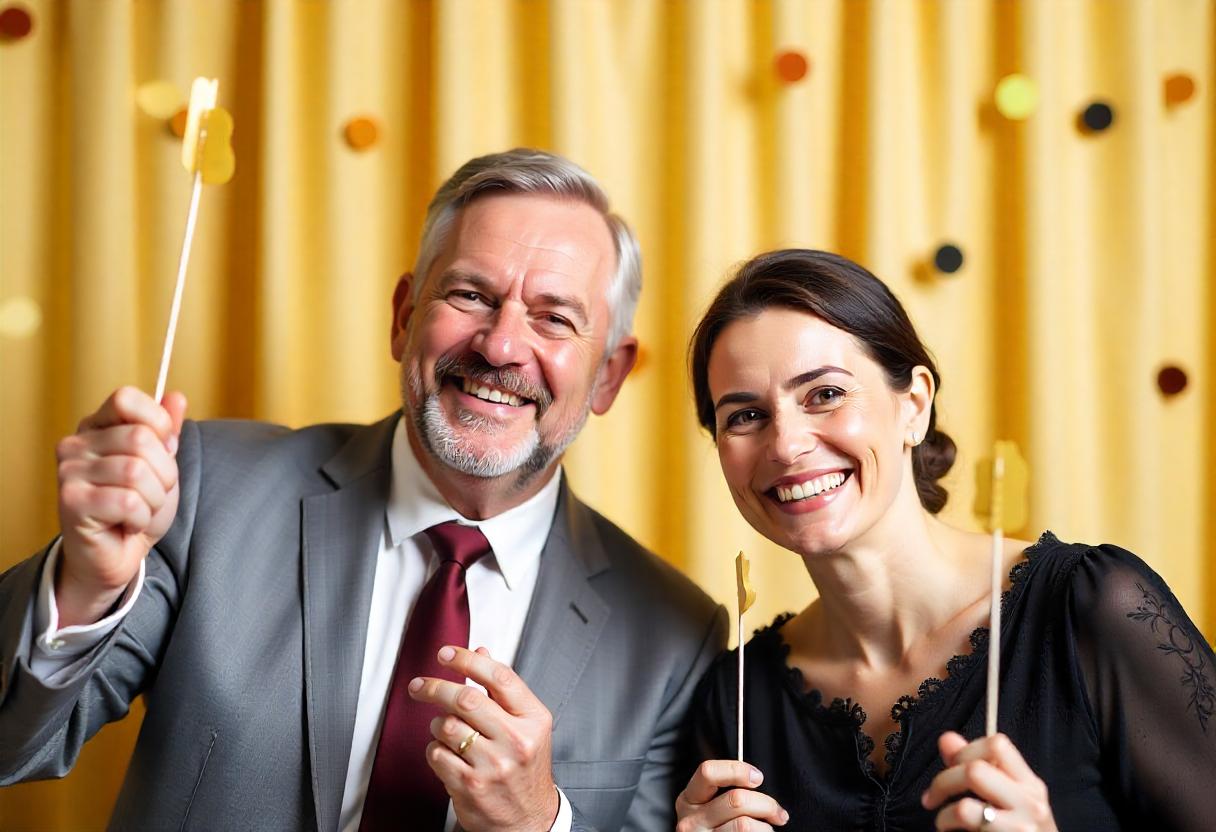 Two people in a photobooth holding party props