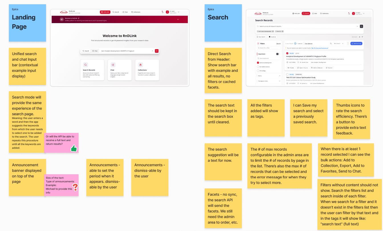 An annotated epic board: two screens surrounded by notes setting the behaviour — what stays in the search box until it is cleared, when bulk actions appear, which filters hide when empty — with the open questions marked in a different colour