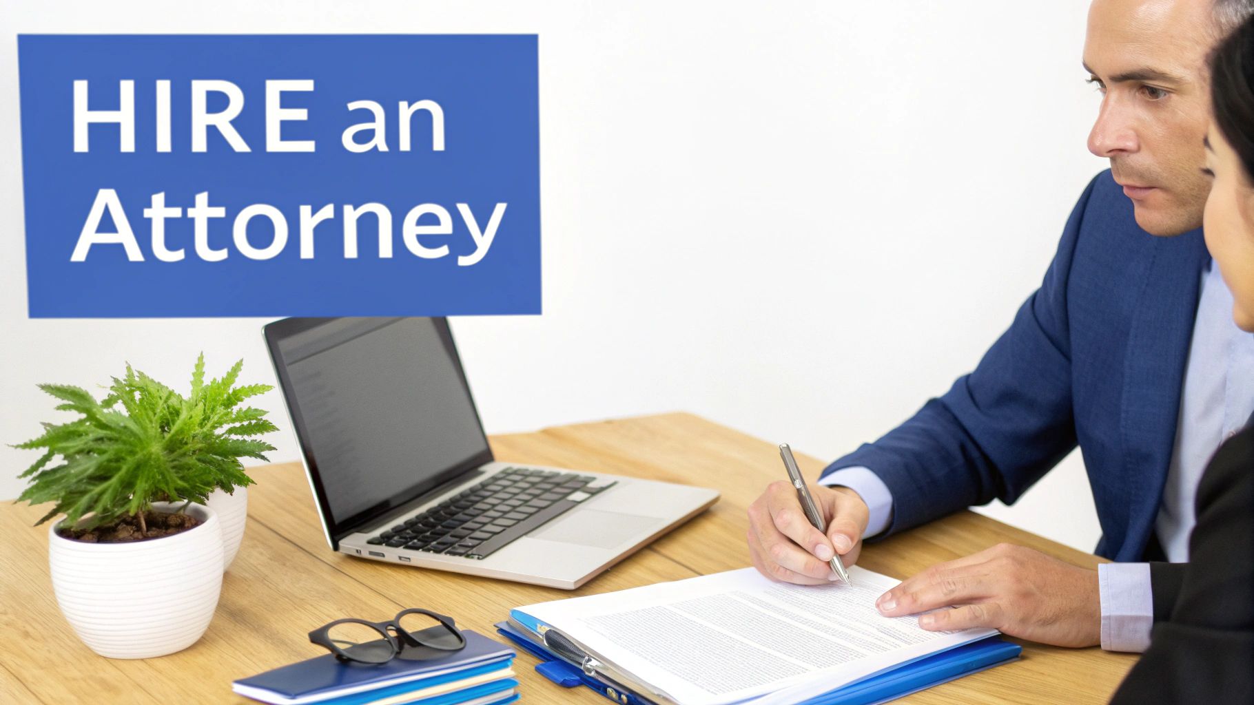 A man in a blue suit signs legal documents during a consultation under a 'HIRE an Attorney' sign.