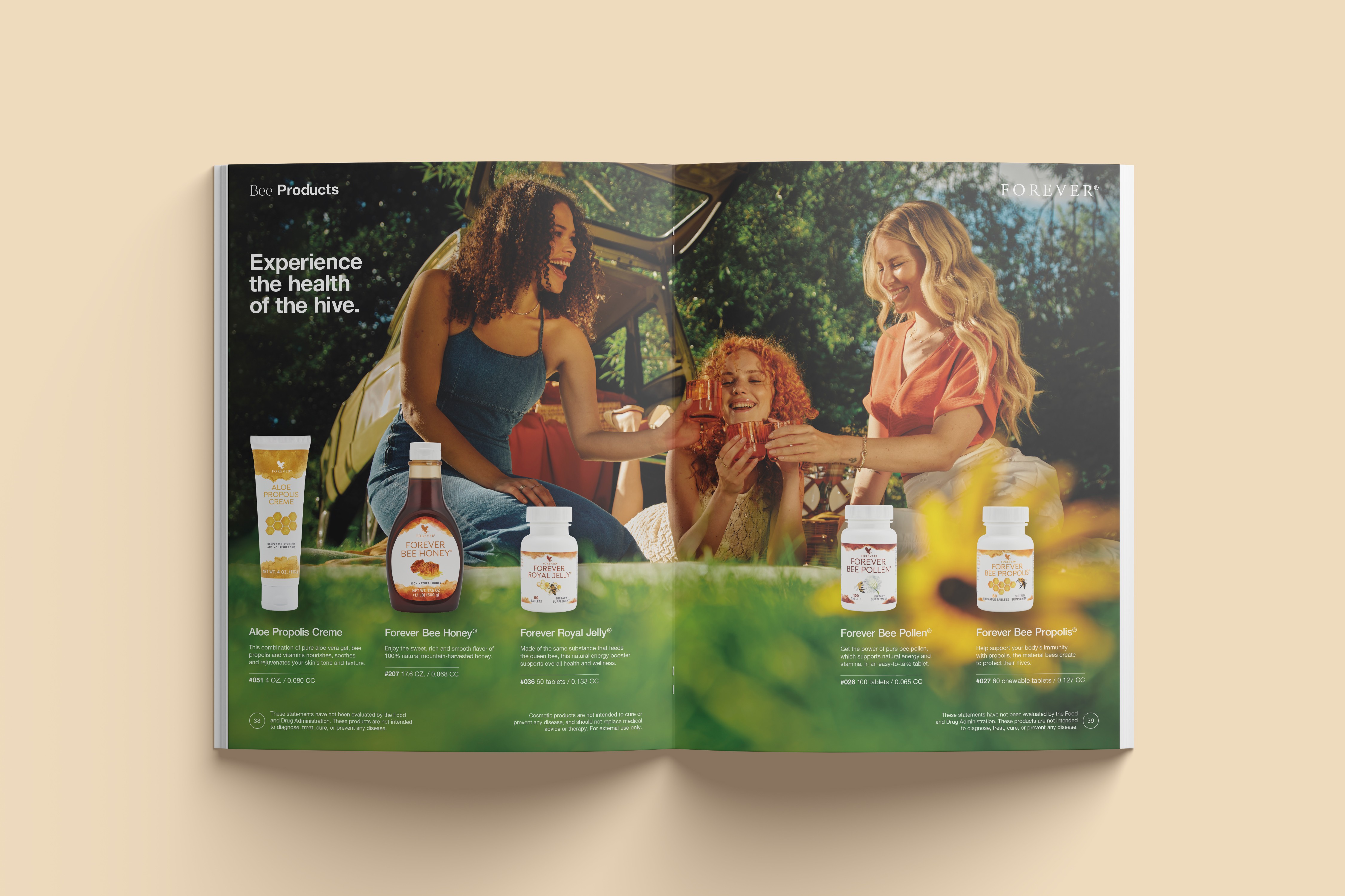 Double-page product brochure design for Forever Living, showcasing various Bee products with intro section and product descriptions.