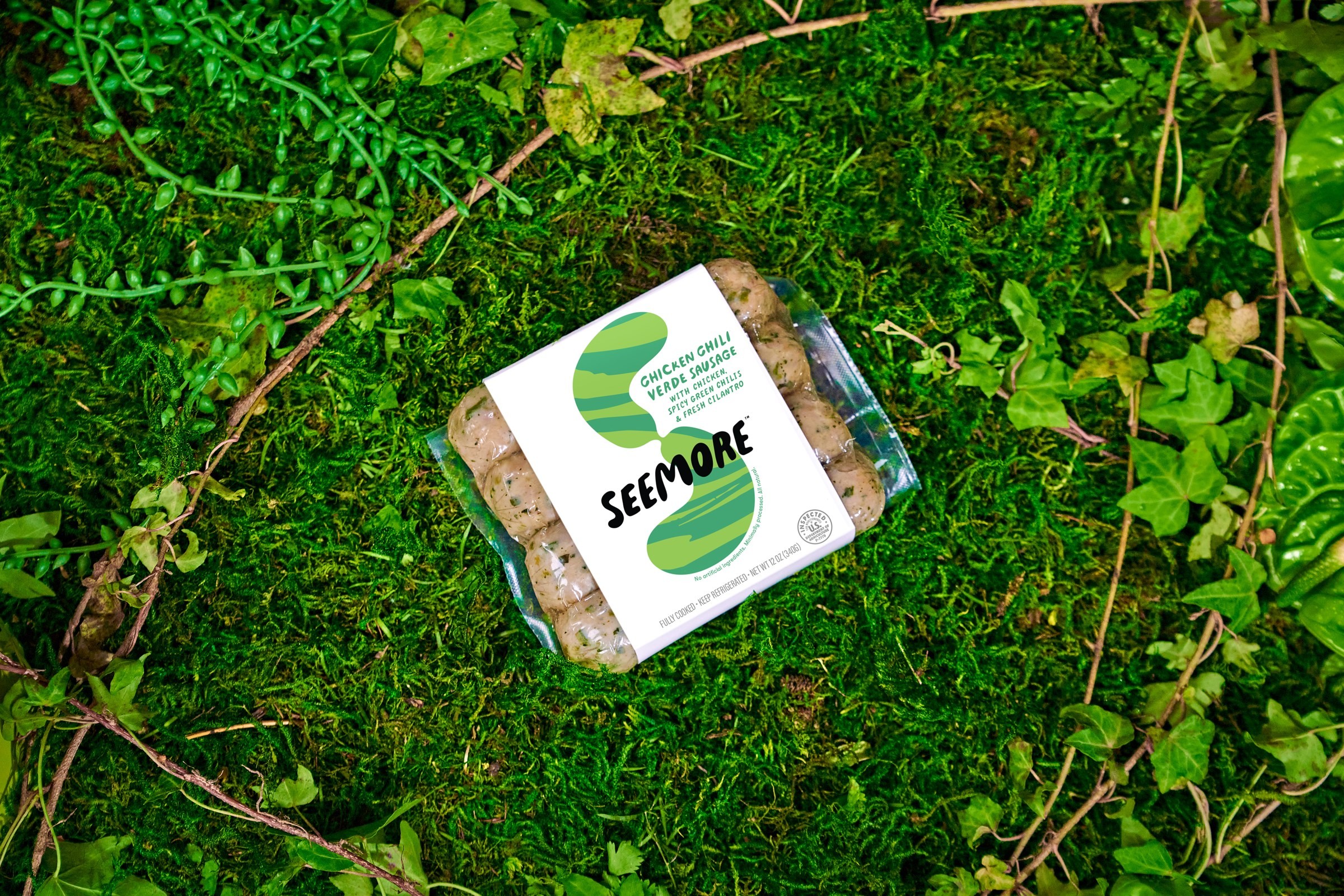 Seemore’s Salsa Verde packaging on a moss-covered surface