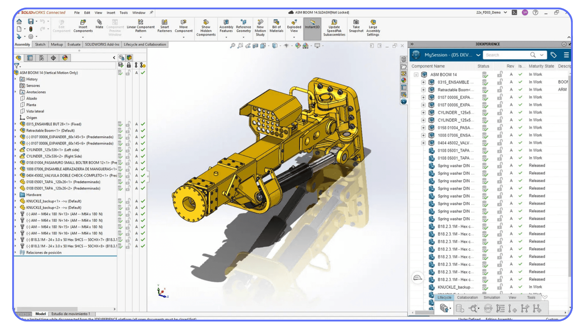 3DEXPERIENCE SolidWorks assembly showing a complex hydraulic or mechanical system with component list and collaboration panel